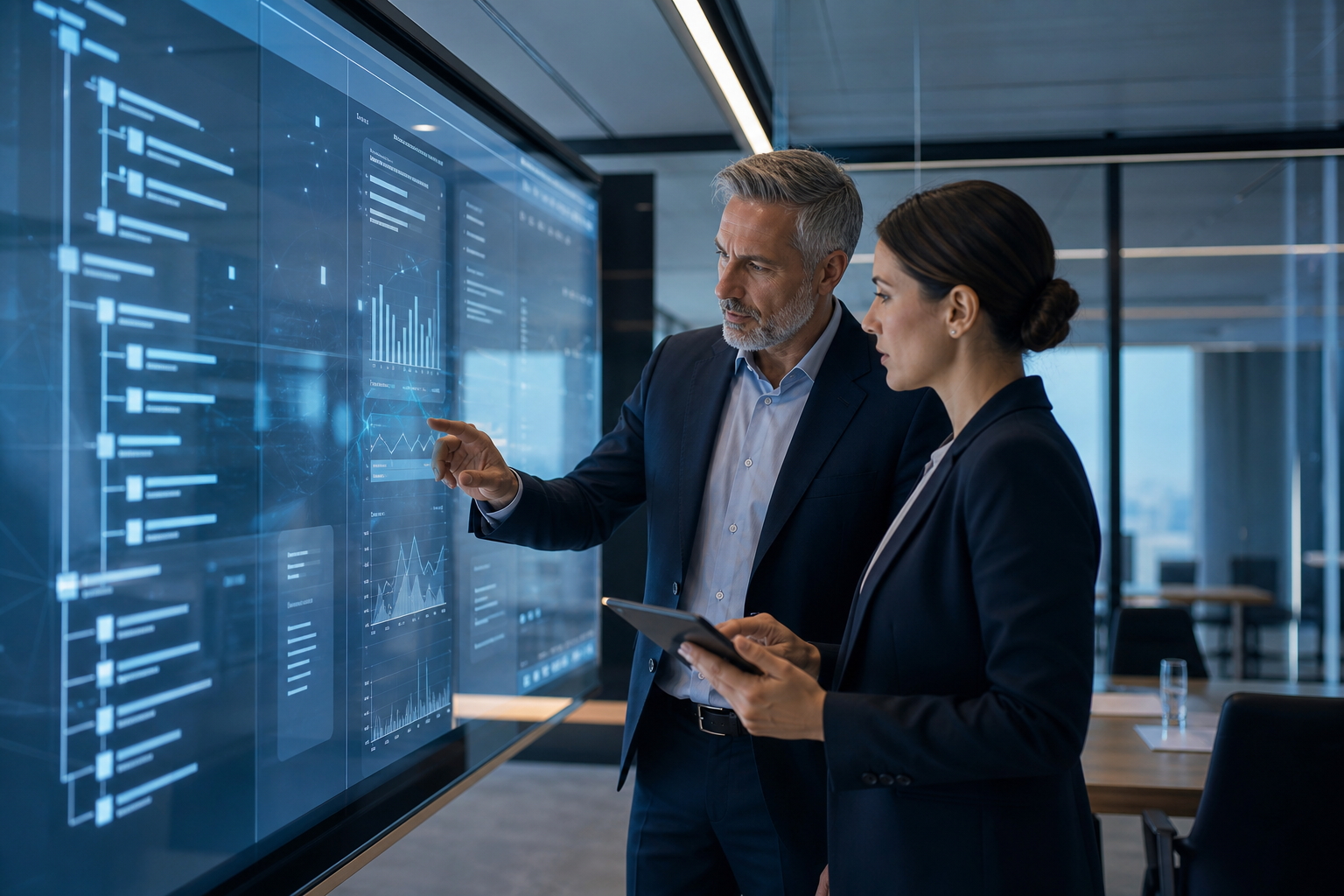 Professionnels réalisant une due diligence IA PME cession acquisition sur une interface numérique sécurisée