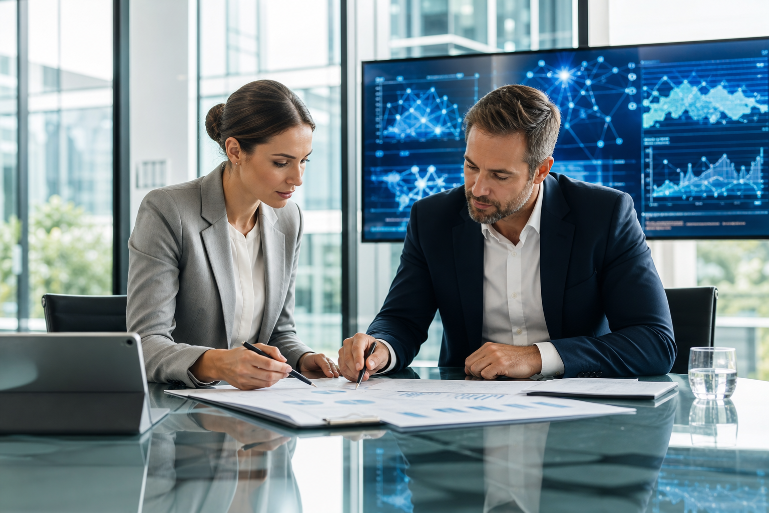 Professionnels analysant des documents financiers avec des outils de due diligence PME intelligence artificielle